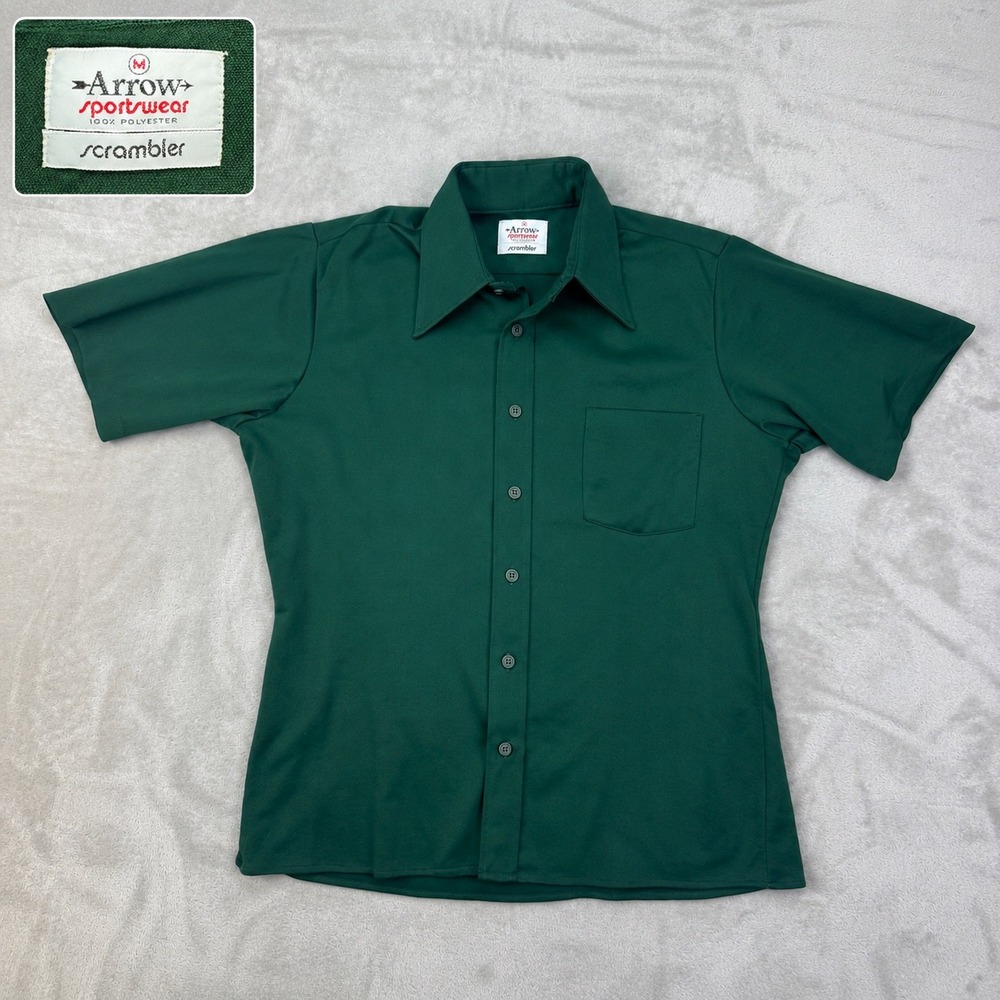 Arrow Sportswear Shirt Mens M Green Disco Scrambler 70s Dagger Collar Vintage
